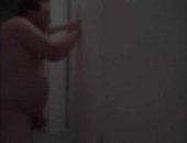 Fatso Blows Dildo Pinned To Wall